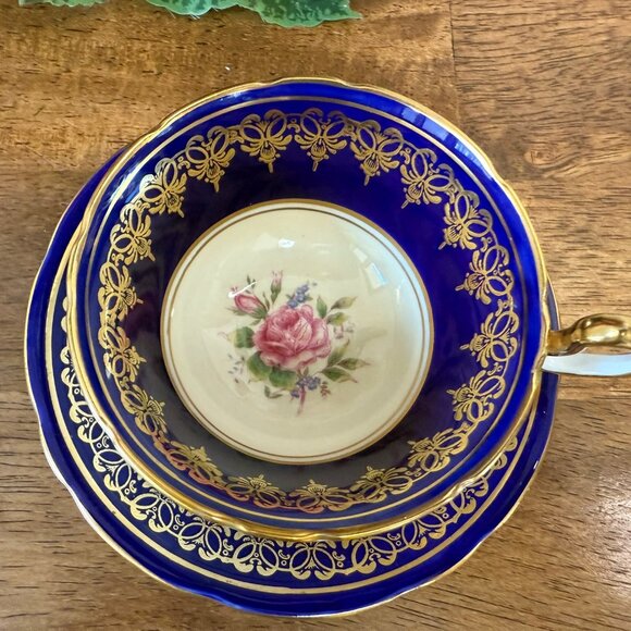 Aynsley Cobalt Blue Pink Cabbage Rose Tea Cup Saucer Gold Gilt English Bone - Picture 4 of 6
